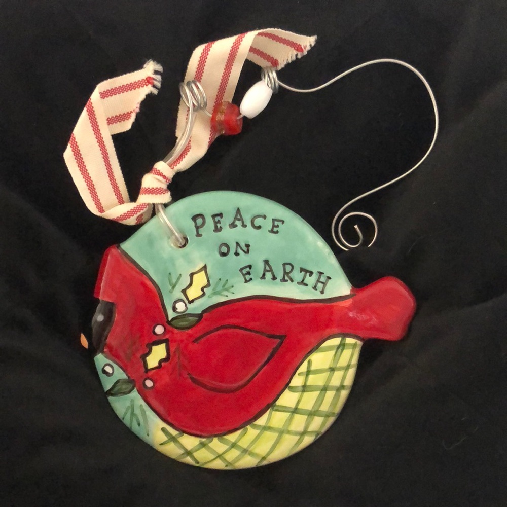 Ornament/Home Decor of Red Cardinal Bird with Beaded Wire Hanger and Ribbon